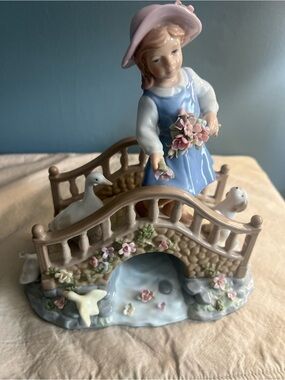 Porcelain Girl on Bridge Figurine in Blue and Pink musical “Ave Maria”